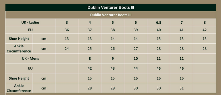 2025 DUBLIN VENTURE III BOOTS  Größentabelle